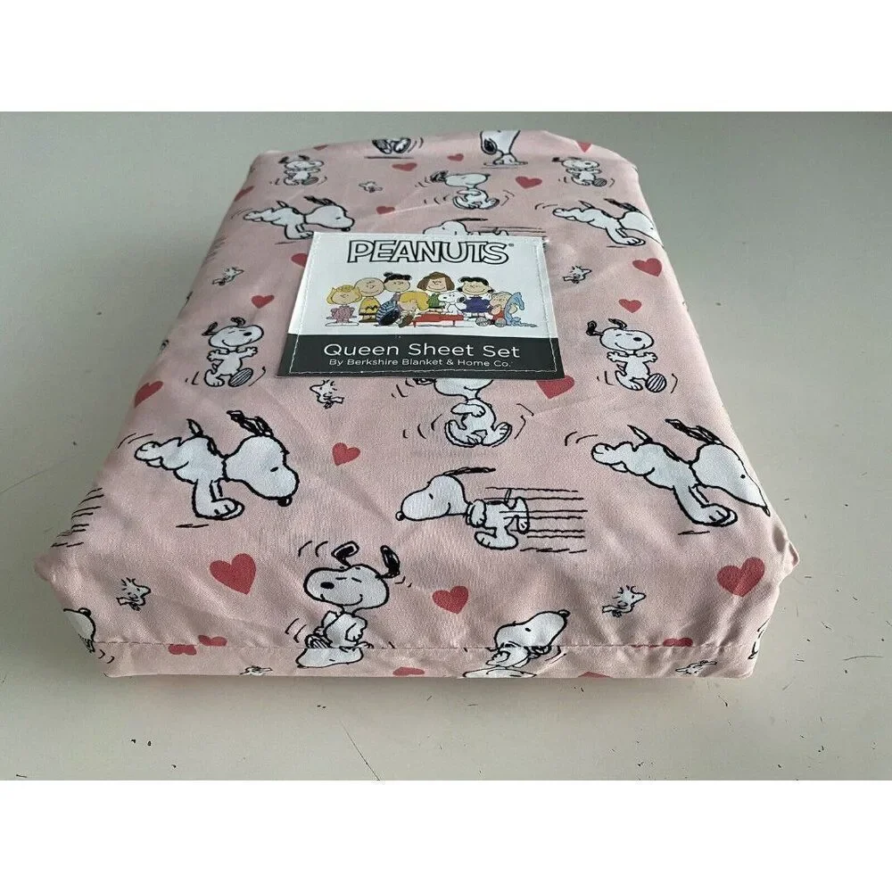 4 Pc Peanuts Snoopy Hearts Pink‎ Valentines Day QUEEN Size Sheet Set Soft NEW